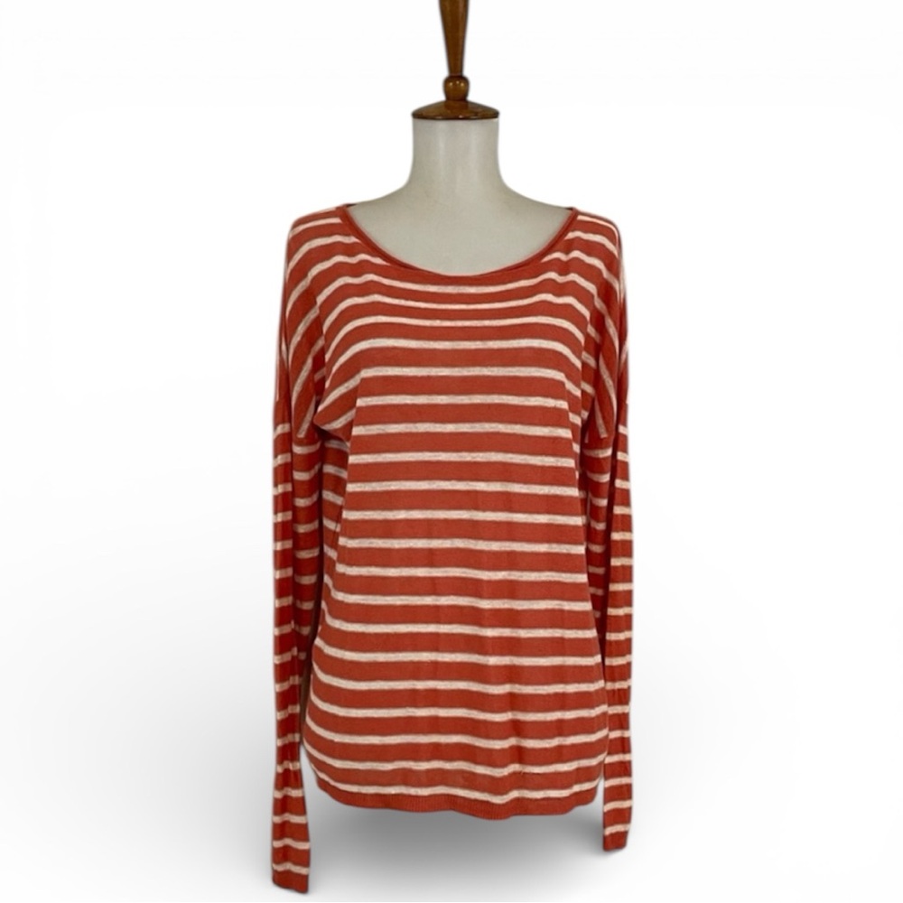 Vince Striped Top Women’s M 100% Linen Knit Long‎ Sleeve Scoop Neck